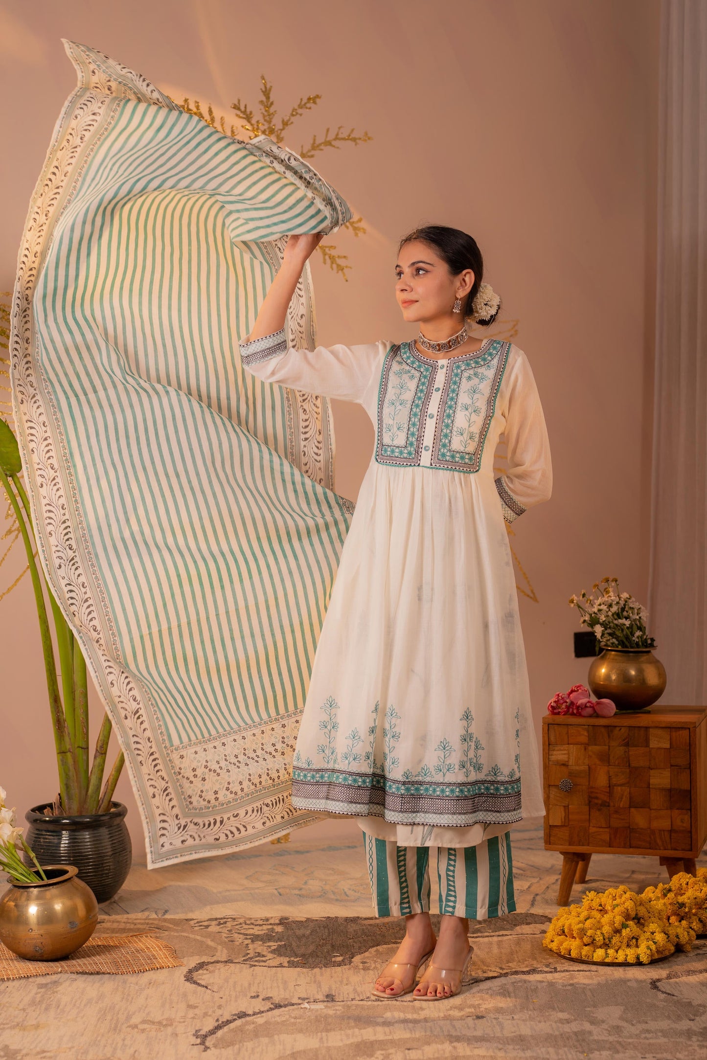 Ivory & Teal Embroidered Anarkali Kurta Set with Striped Dupatta