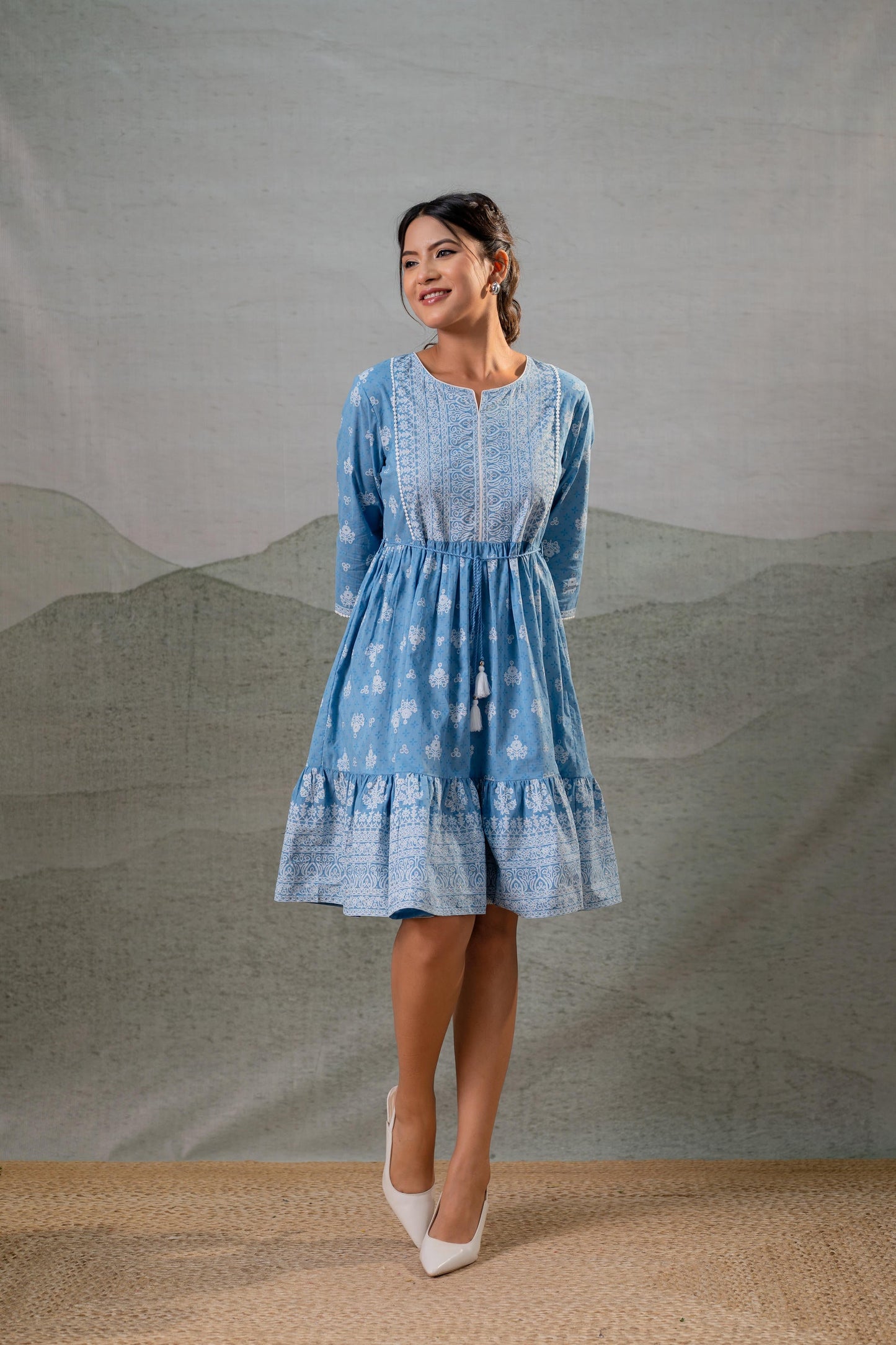 Powder Blue Aura Handblock Flare Dress