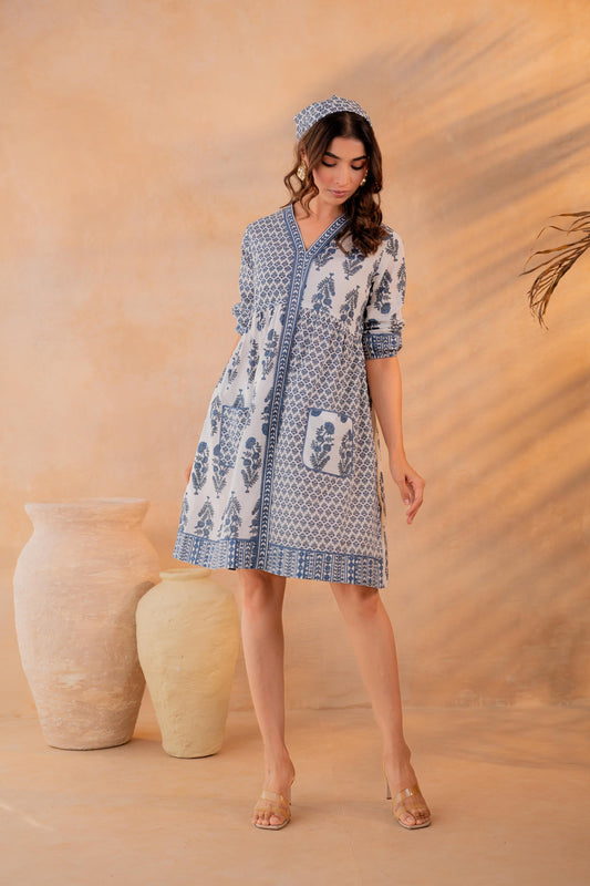 Indigo Whisper Heritage Block Print Short Dress