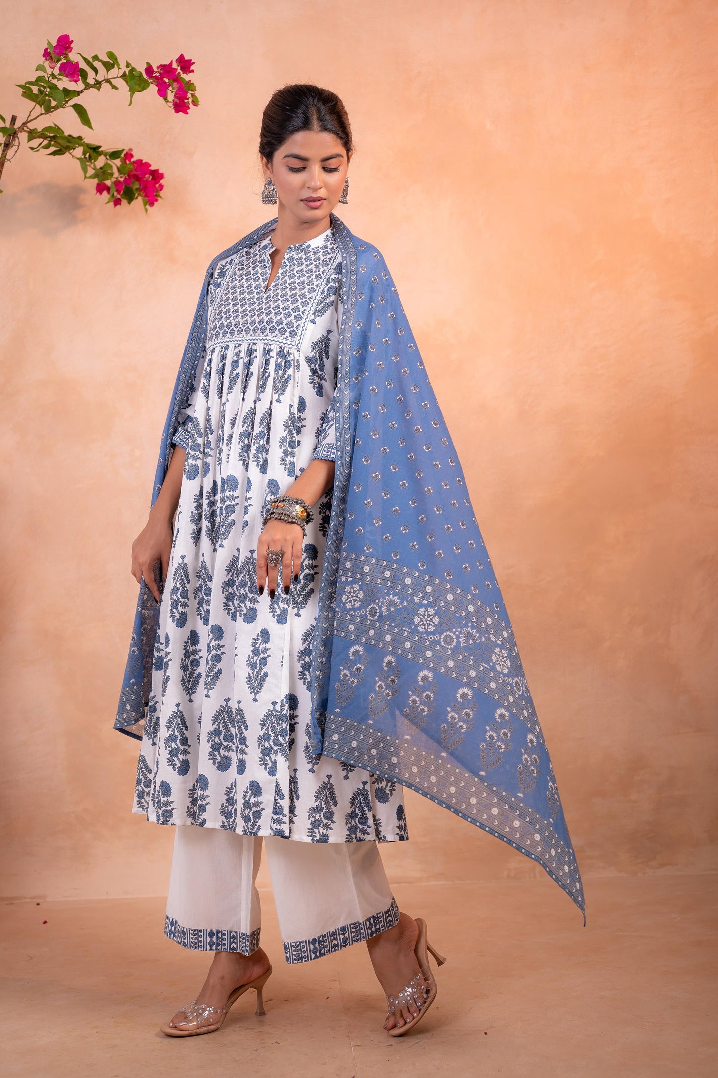 Ivory & Indigo Floral Printed Anarkali Kurta Set with Coordinated Dupatta