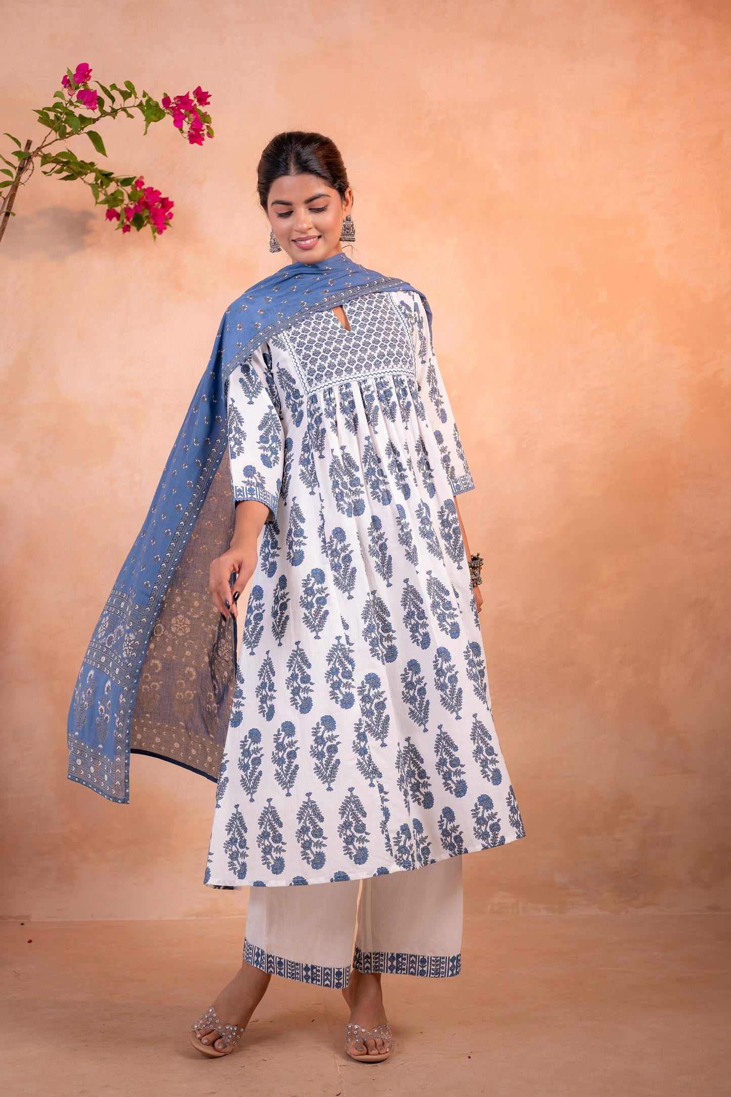 Ivory & Indigo Floral Printed Anarkali Kurta Set with Coordinated Dupatta