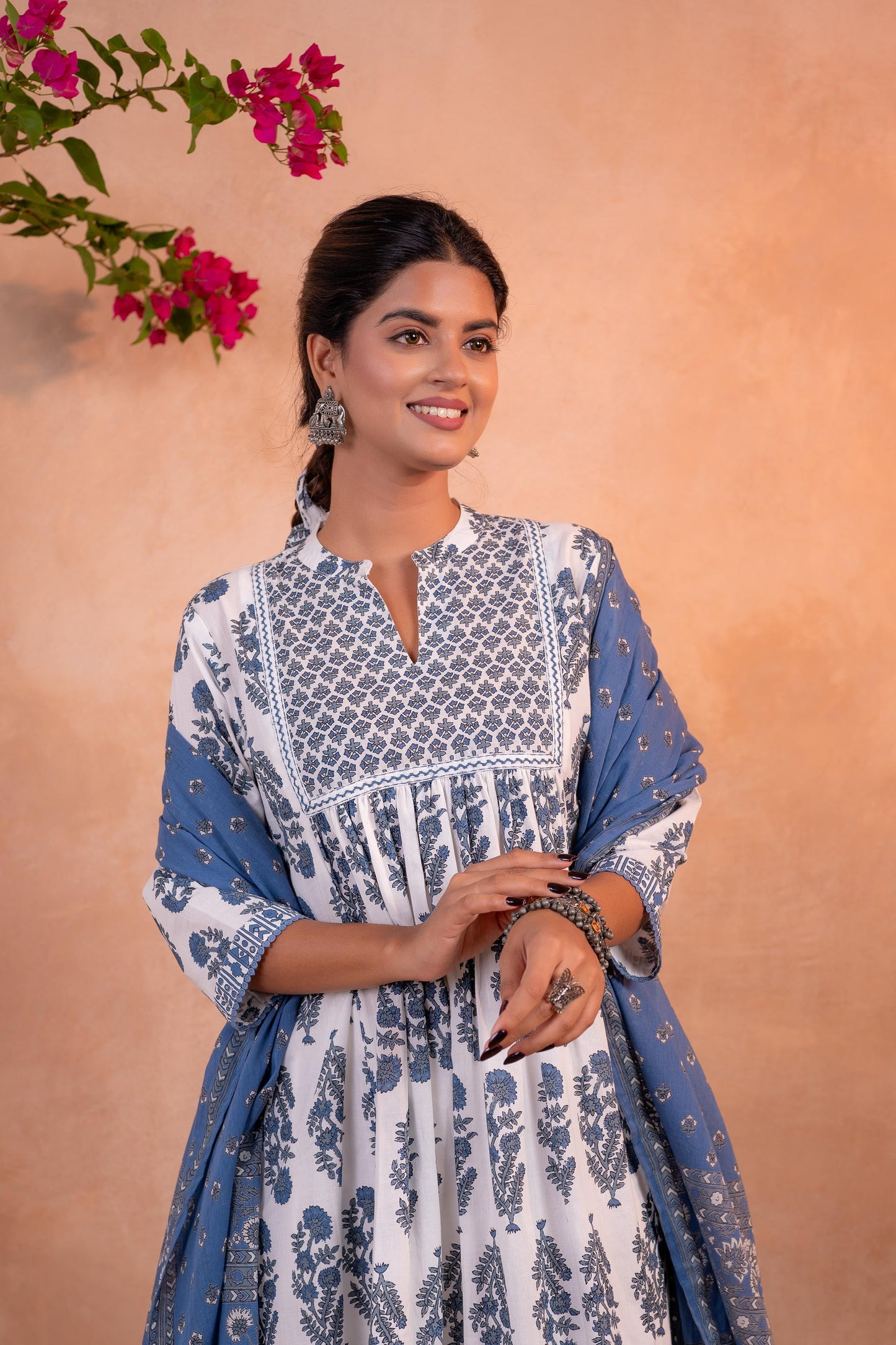 Ivory & Indigo Floral Printed Anarkali Kurta Set with Coordinated Dupatta
