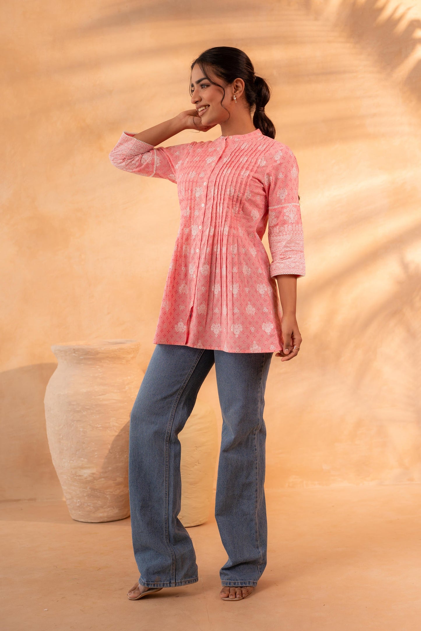 Baby Pink Floral Buti Printed Cotton Tunic