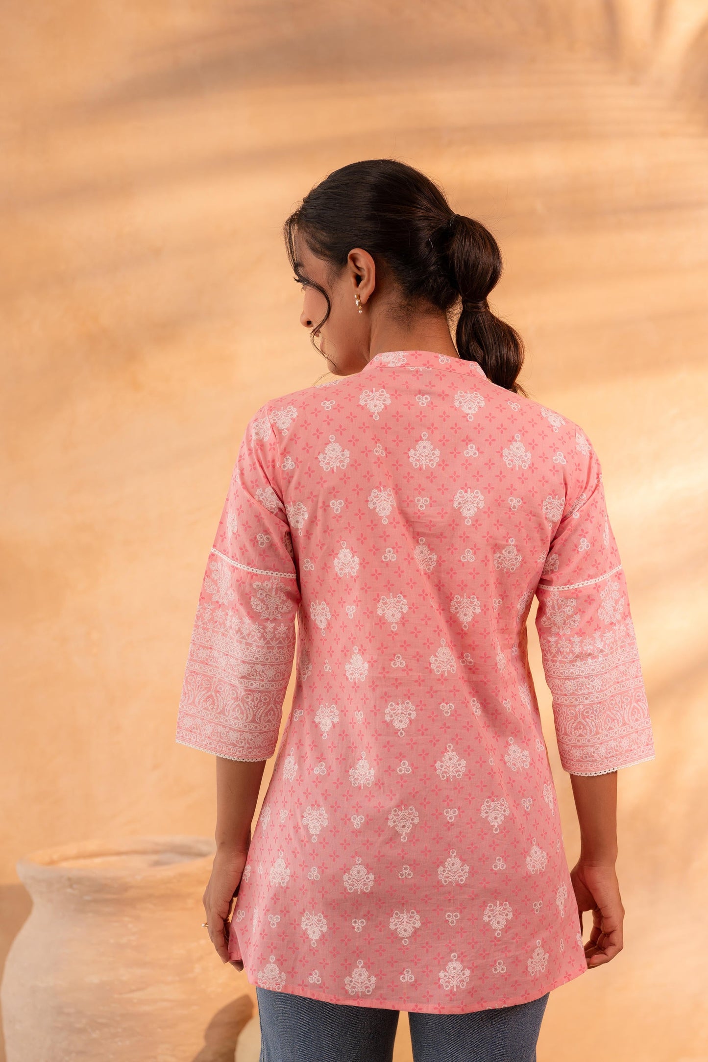 Baby Pink Floral Buti Printed Cotton Tunic