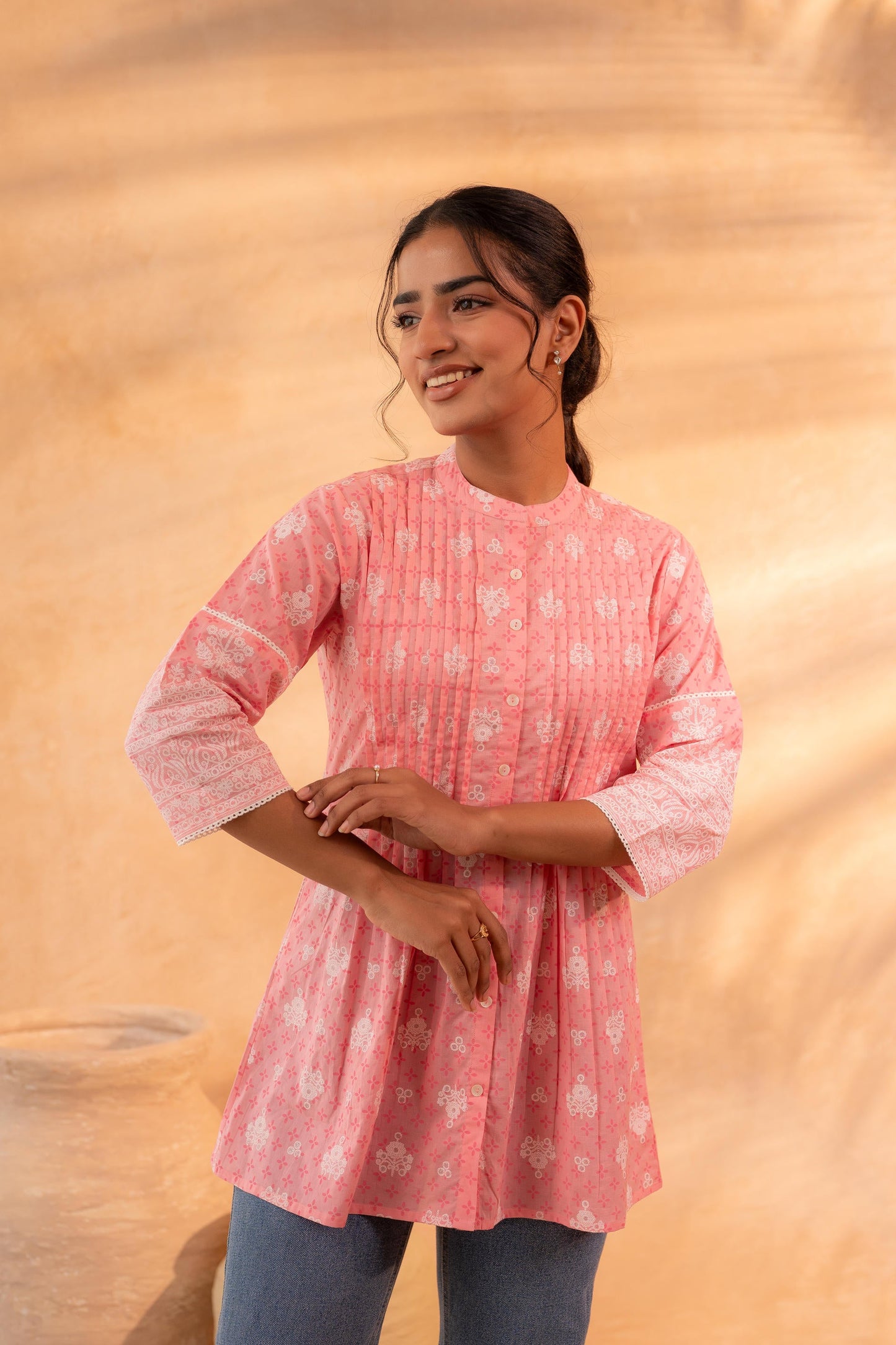 Baby Pink Floral Buti Printed Cotton Tunic