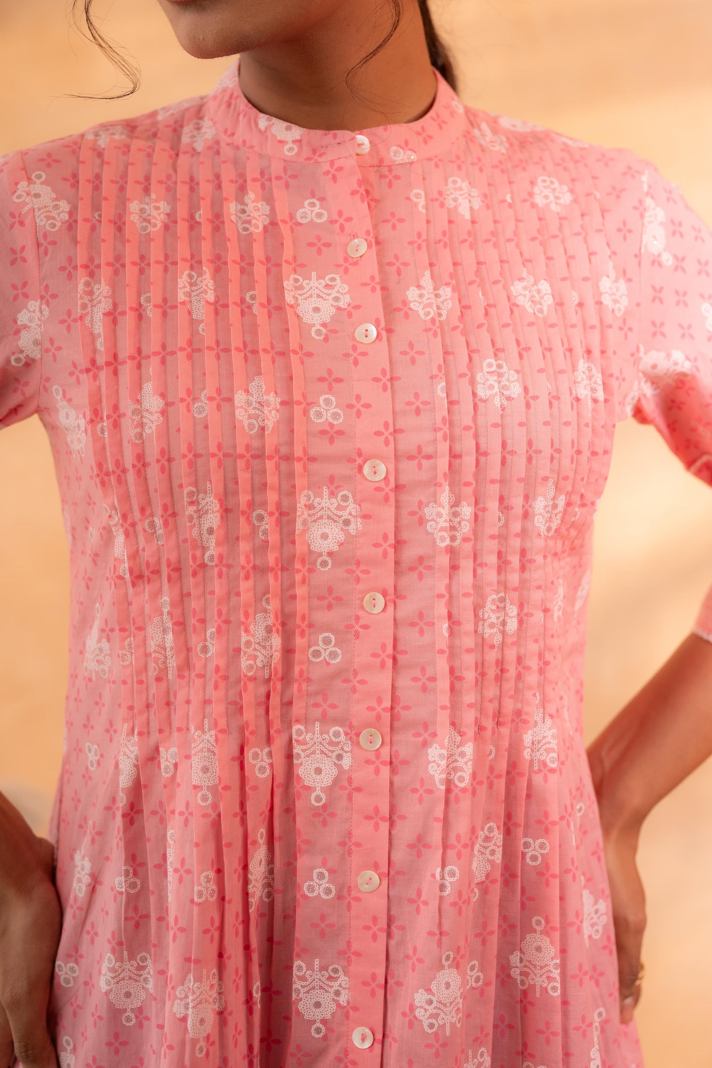 Baby Pink Floral Buti Printed Cotton Tunic
