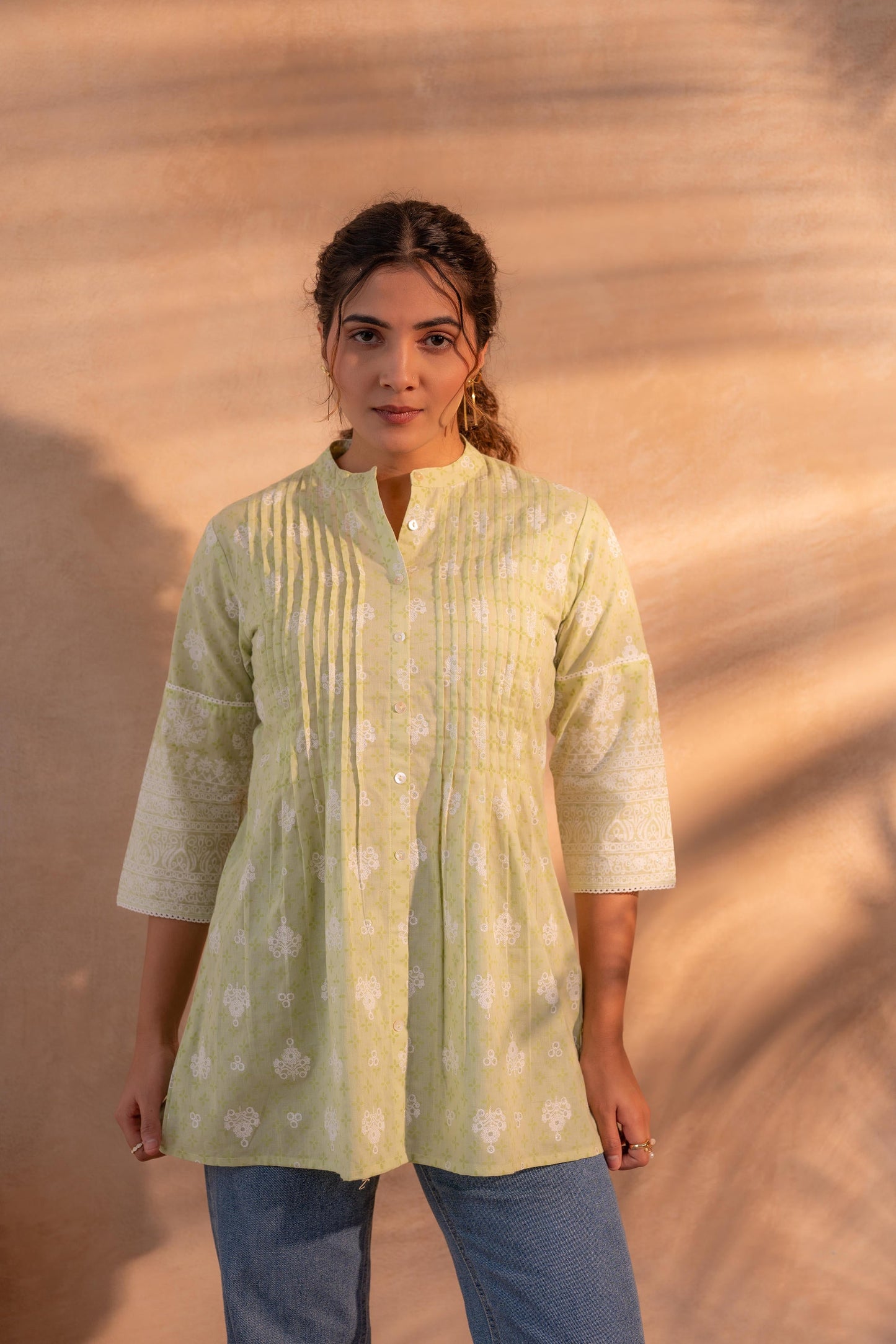 Pista Green Floral Printed Cotton Tunic