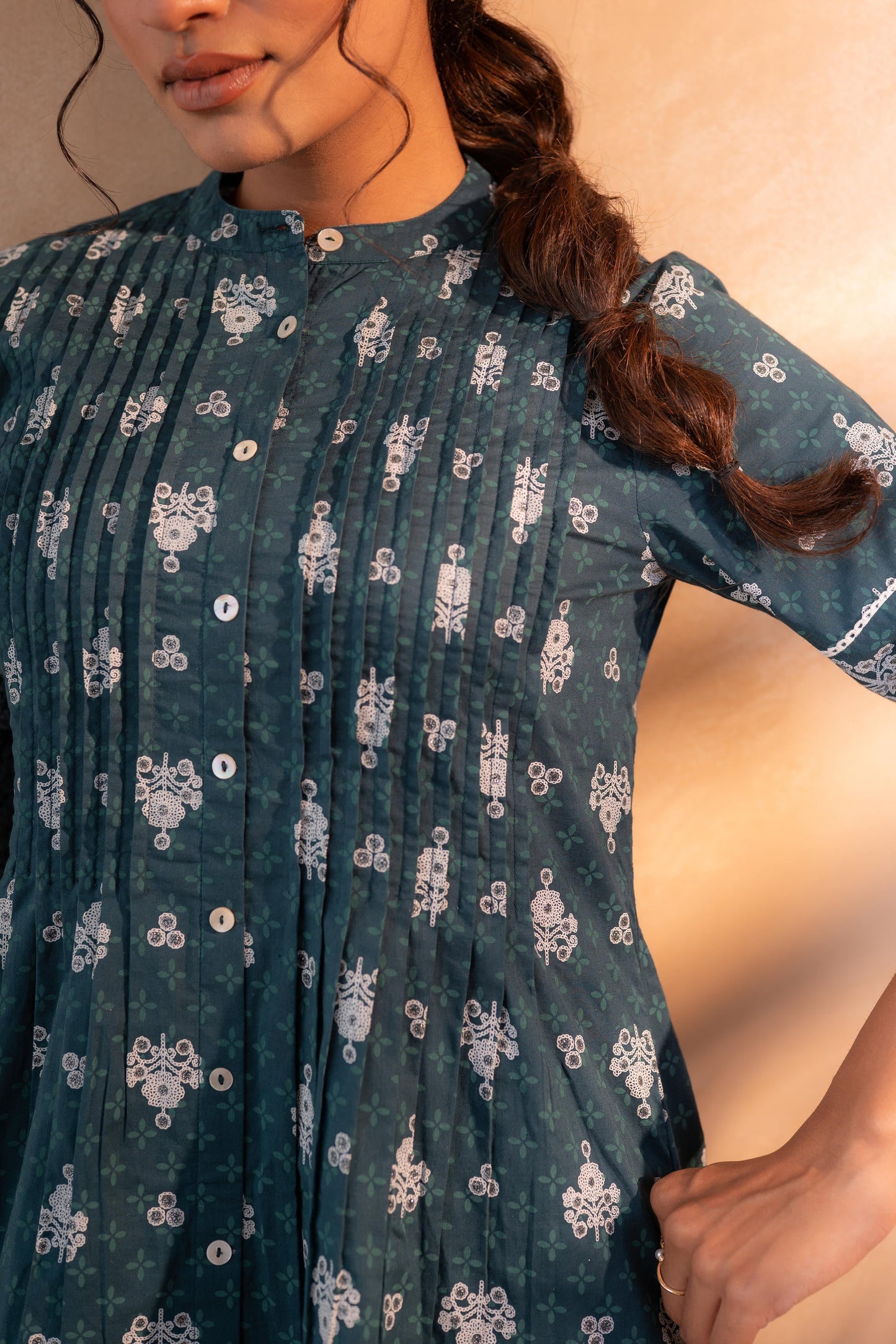 Teal Floral Printed Cotton A-Line Tunic