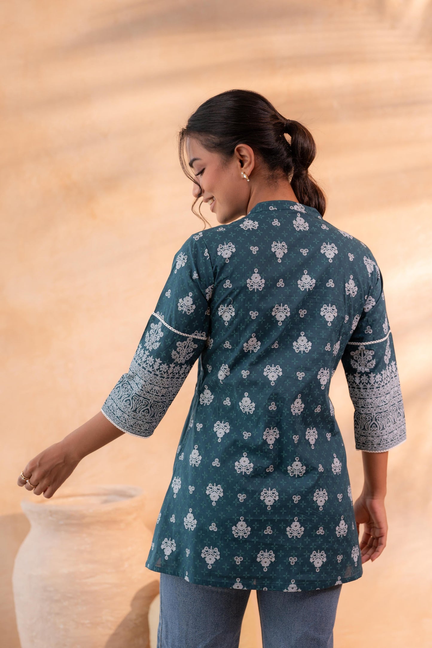 Teal Floral Printed Cotton A-Line Tunic