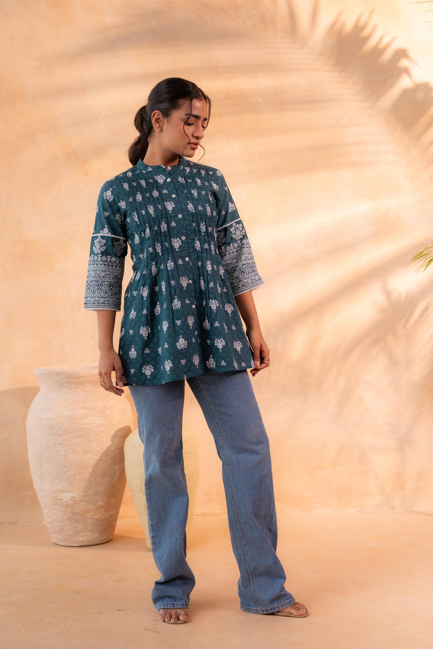 Teal Floral Printed Cotton A-Line Tunic