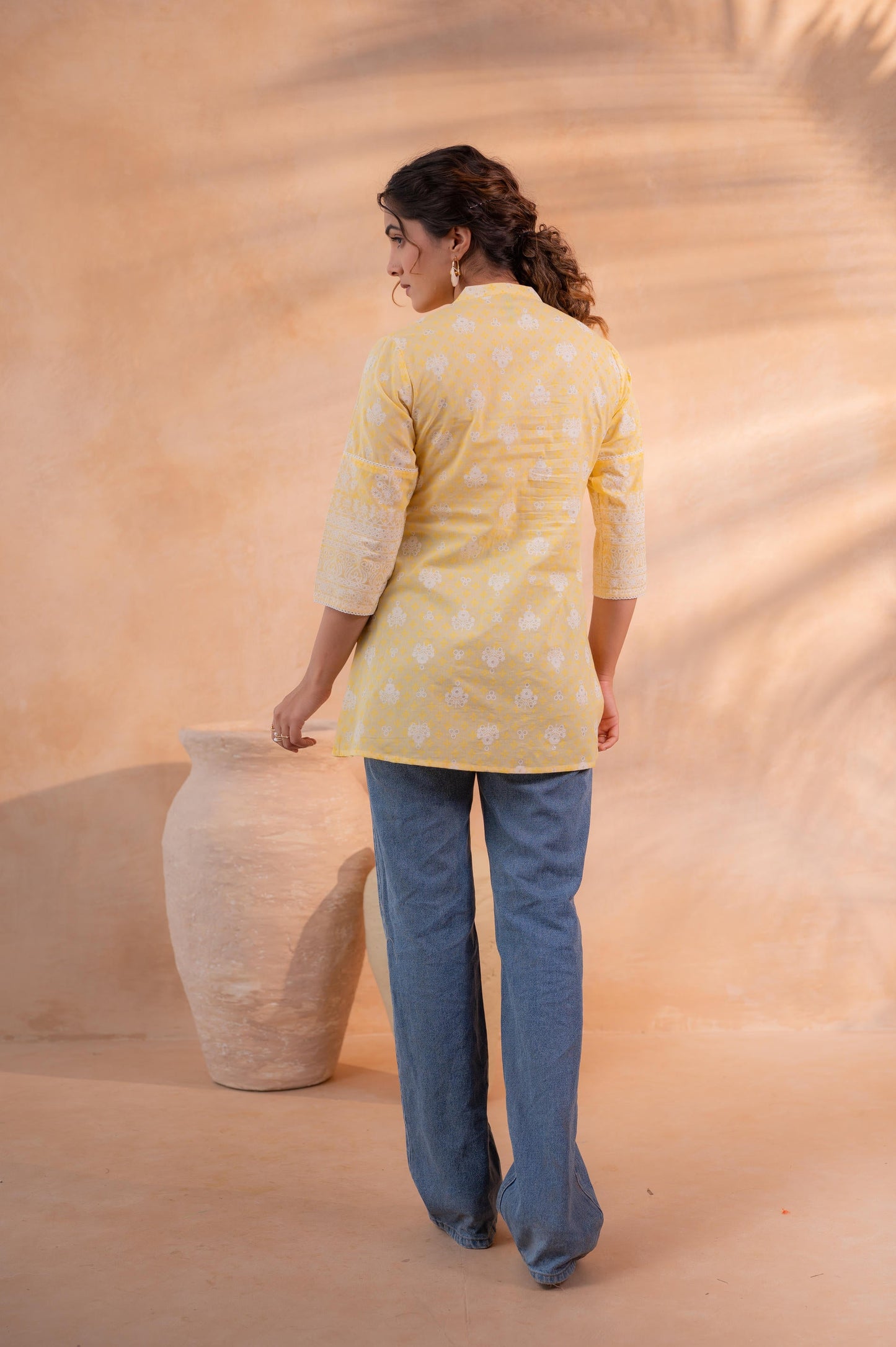 Yellow Floral Printed Cotton A-Line Tunic