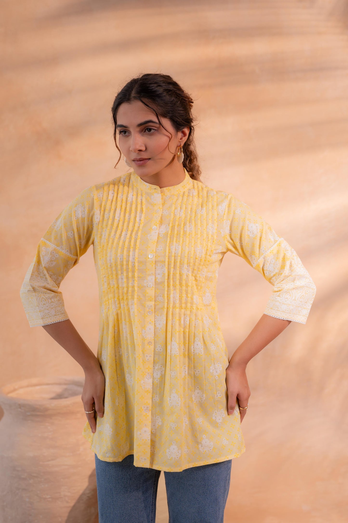 Yellow Floral Printed Cotton A-Line Tunic