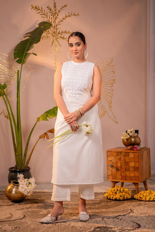 Patchwork White Floral Straight Kurta