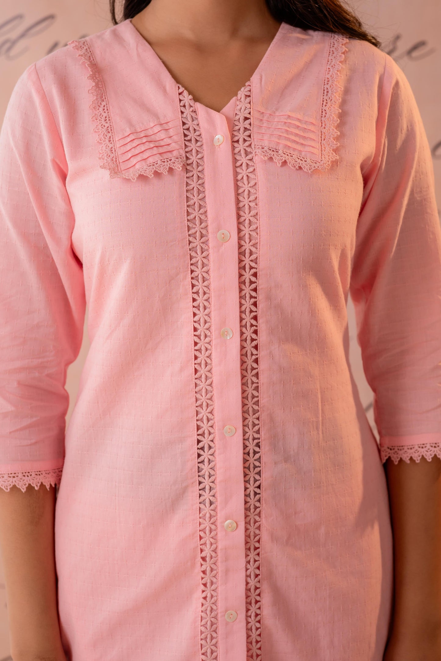 BabyPink Lace-Detailed  Kurta