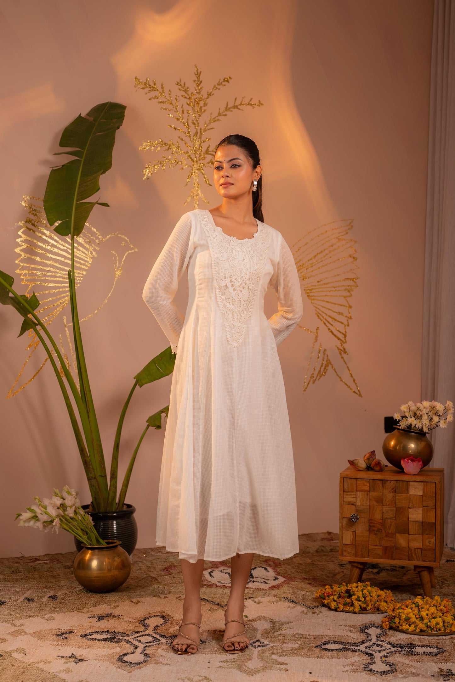 Cotton White Blush Lace PatchWork Anarkali Kurta