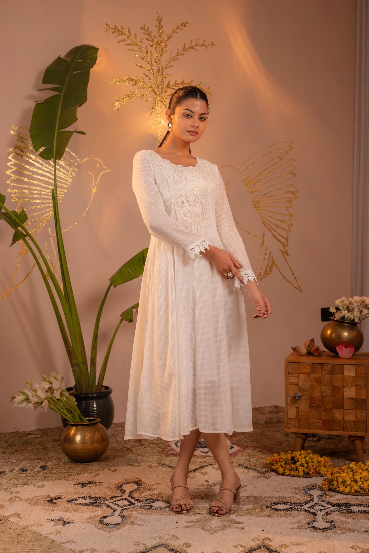 Cotton White Blush Lace PatchWork Anarkali Kurta