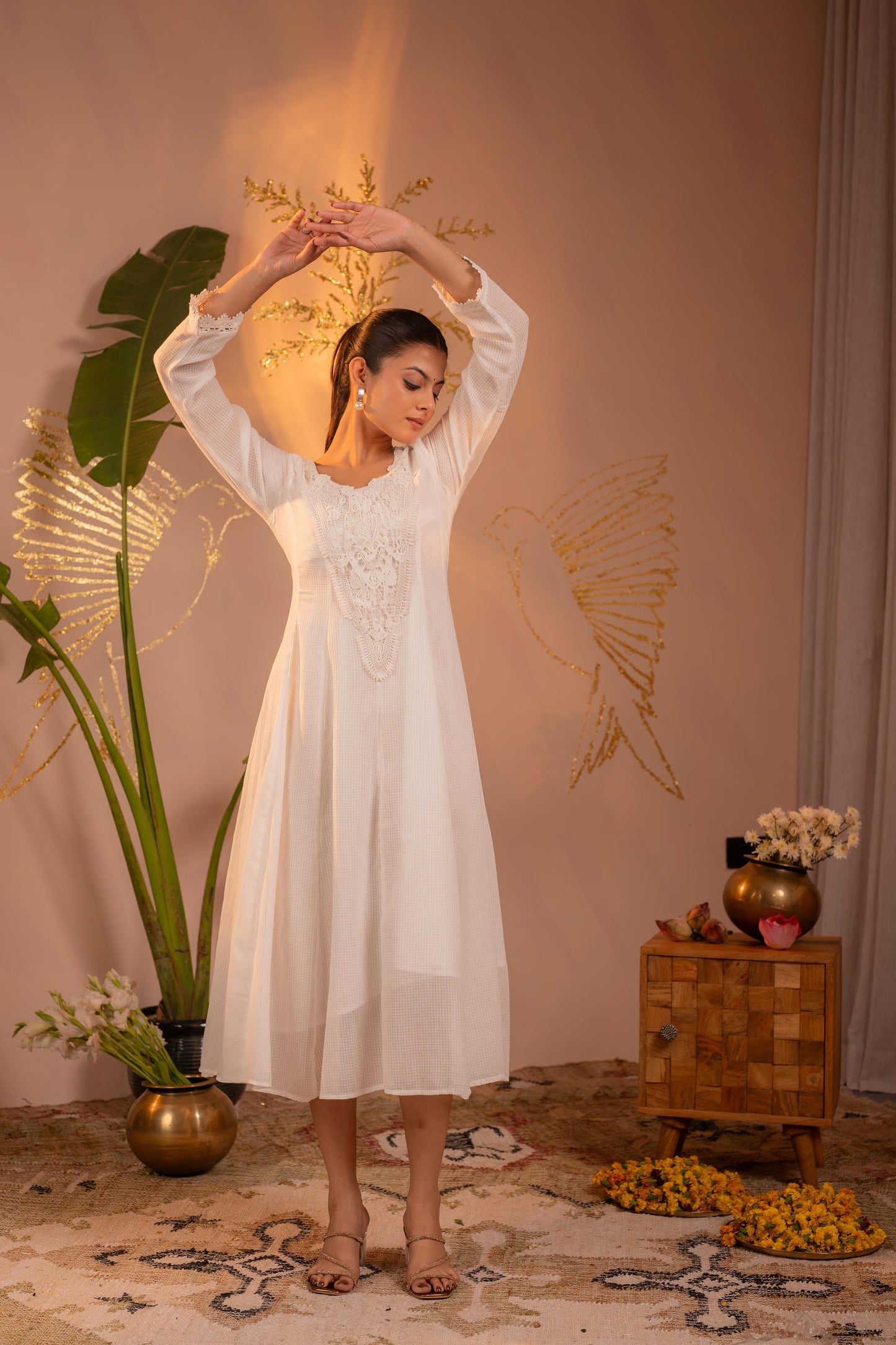 Cotton White Blush Lace PatchWork Anarkali Kurta