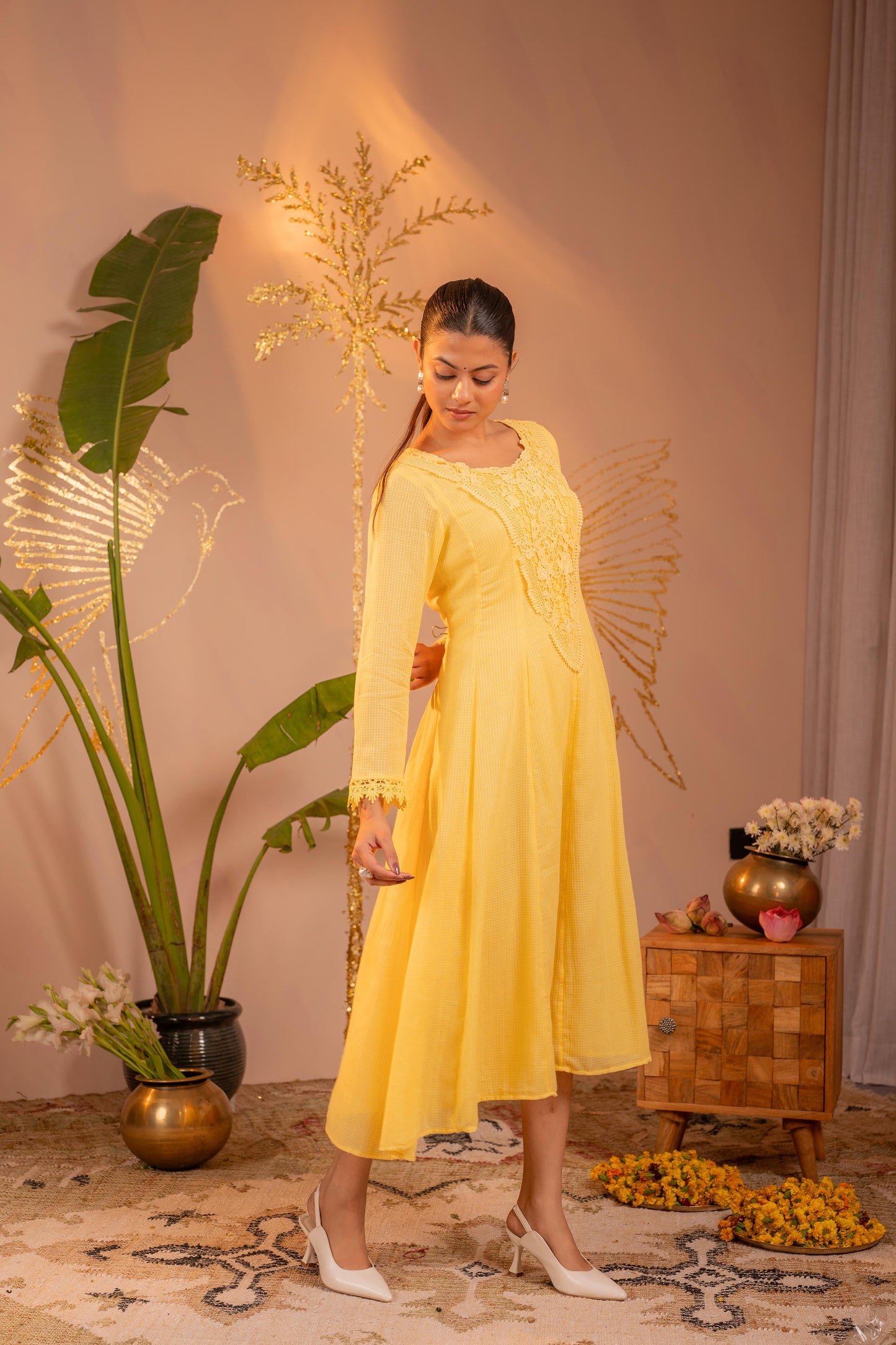 Sunlight Yellow Blush Lace PatchWork Anarkali Kurta