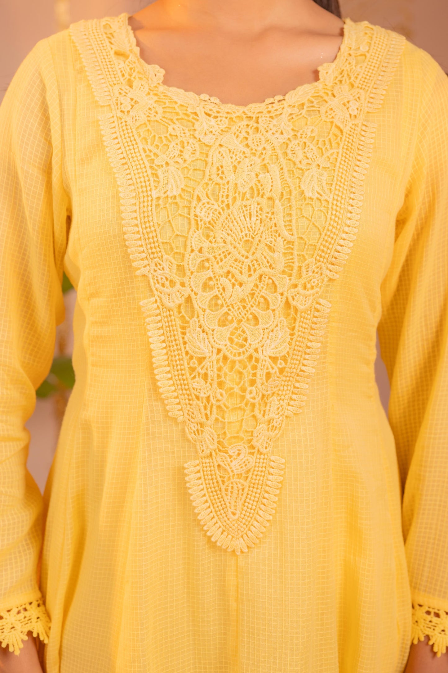 Sunlight Yellow Blush Lace PatchWork Anarkali Kurta