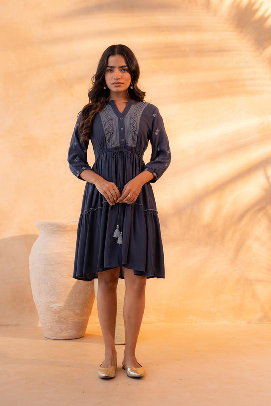 Blue Embroidered Viscose Tiered Short Dress