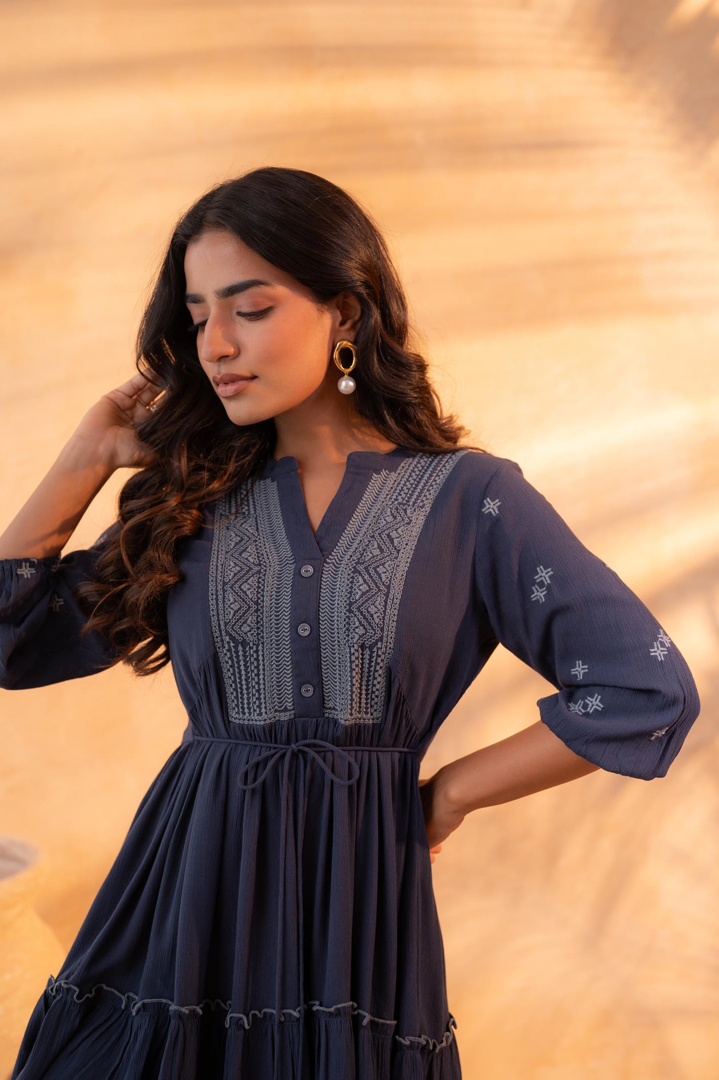 Blue Embroidered Viscose Tiered Short Dress