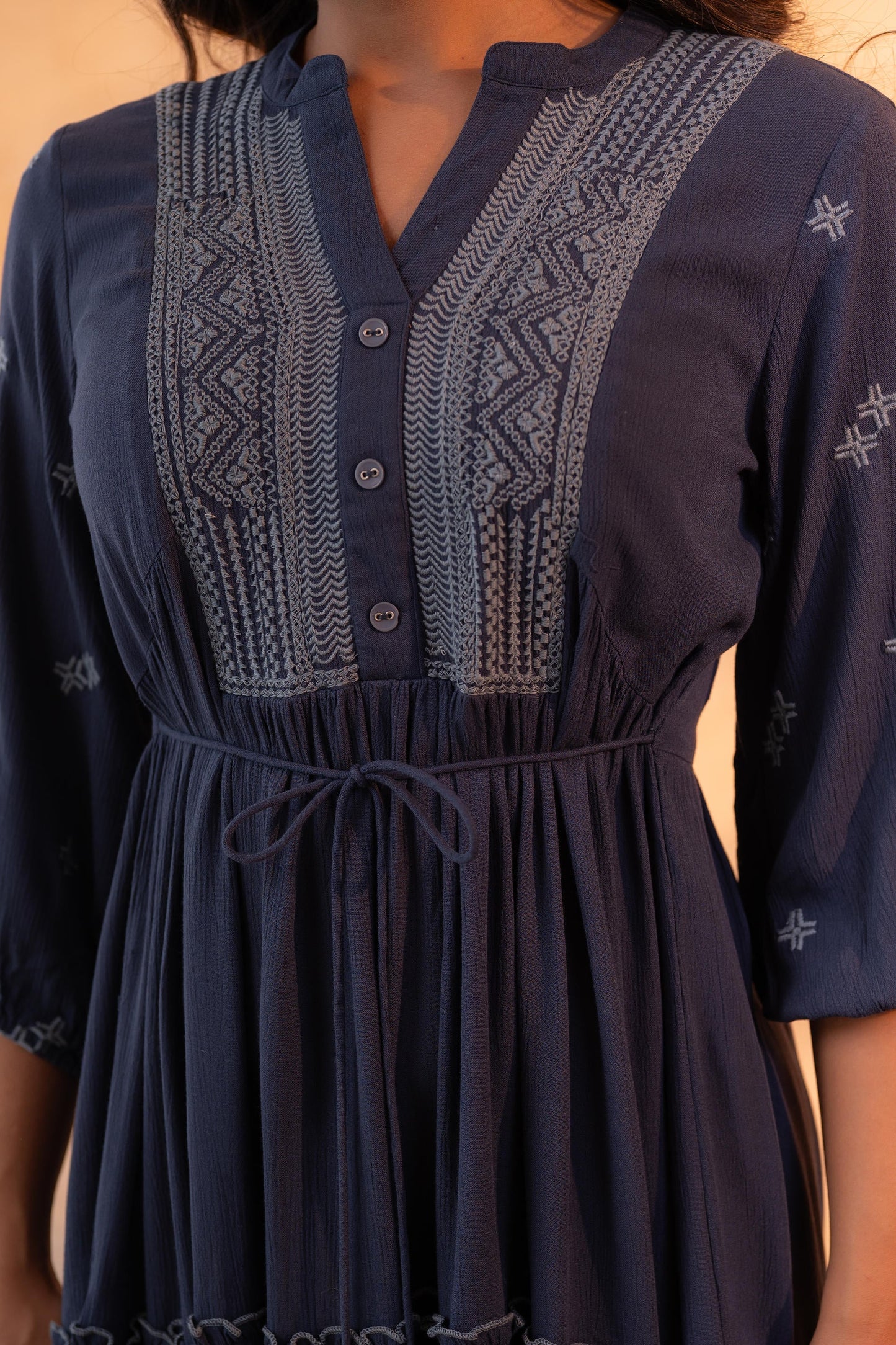 Blue Embroidered Viscose Tiered Short Dress