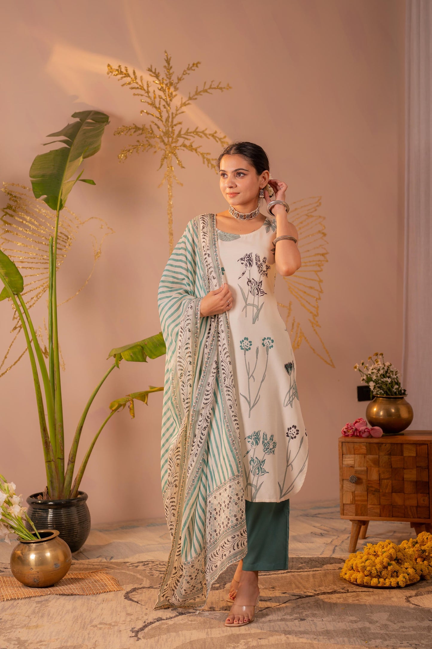 Ivory & Teal Botanical Printed Sleeveless Kurta Set with Striped Dupatta