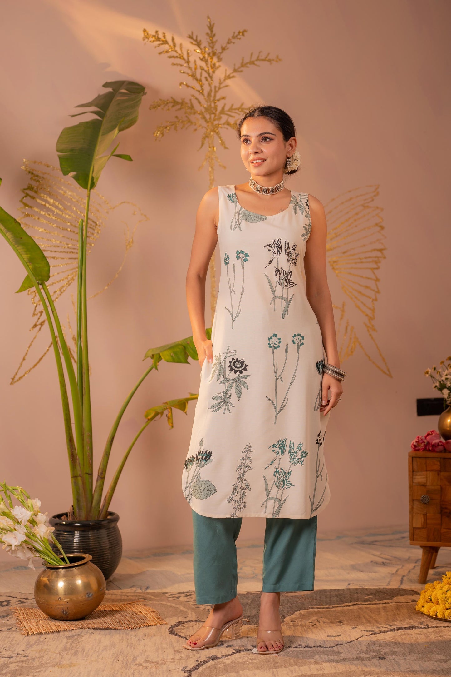 Ivory & Teal Botanical Printed Sleeveless Kurta Set with Striped Dupatta