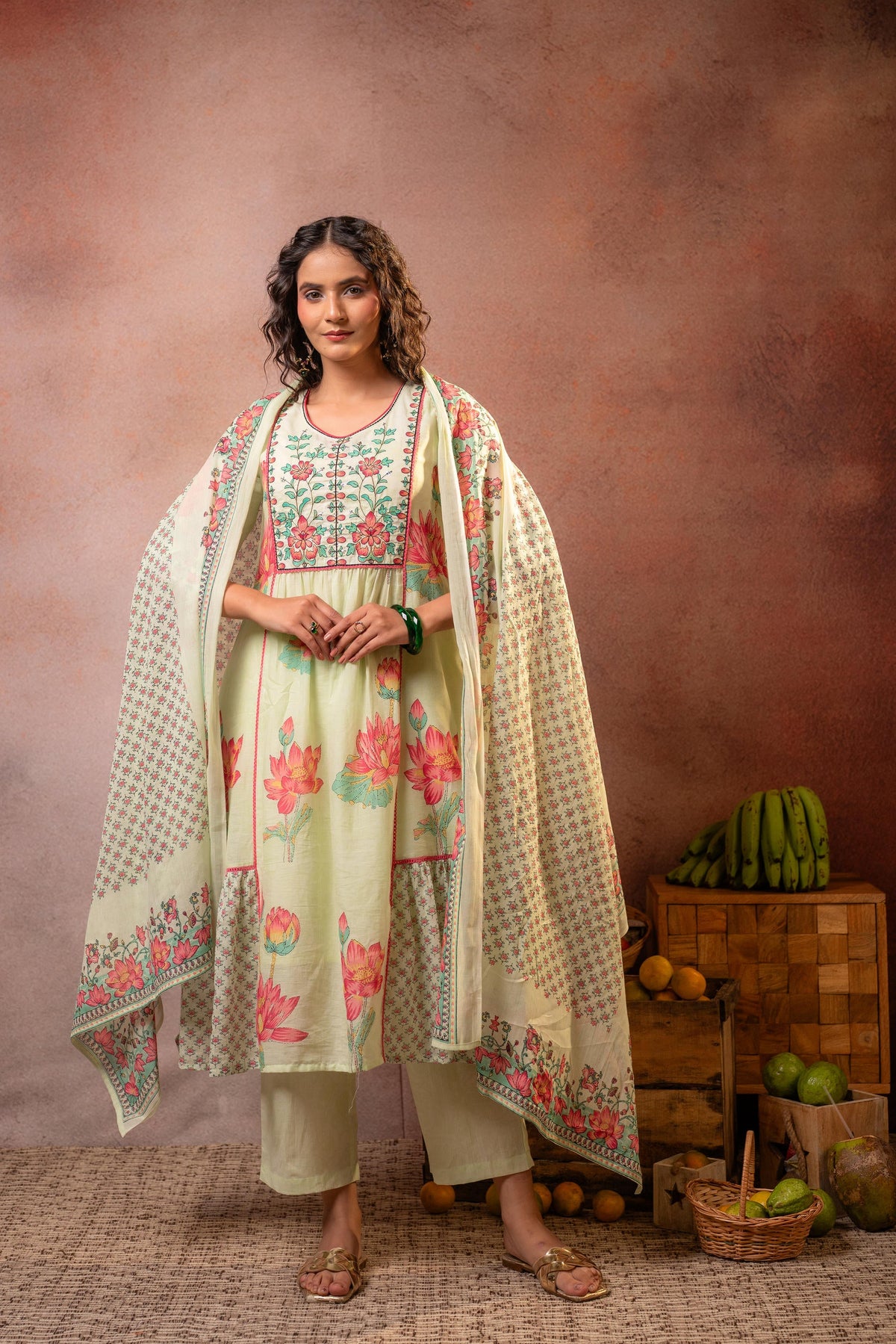 Pistachio Green Floral Printed Anarkali Kurta Set with Dupatta