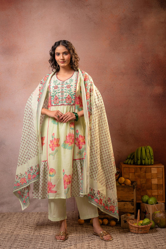Pistachio Green Floral Printed Anarkali Kurta Set with Dupatta