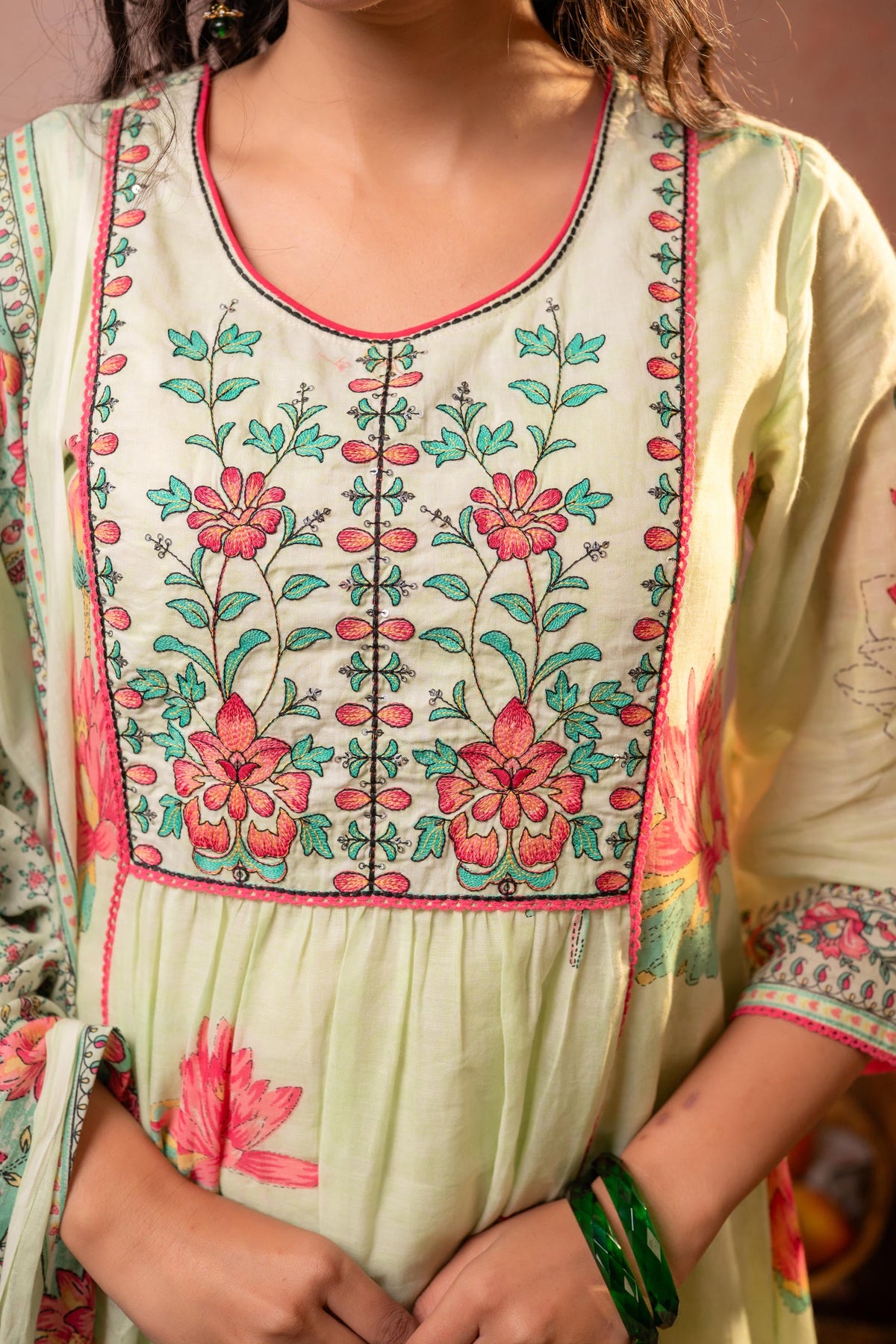 Pistachio Green Floral Printed Anarkali Kurta Set with Dupatta