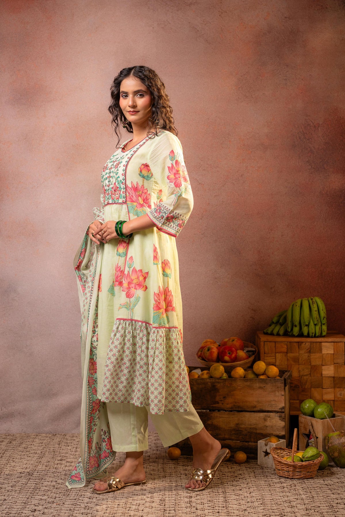Pistachio Green Floral Printed Anarkali Kurta Set with Dupatta