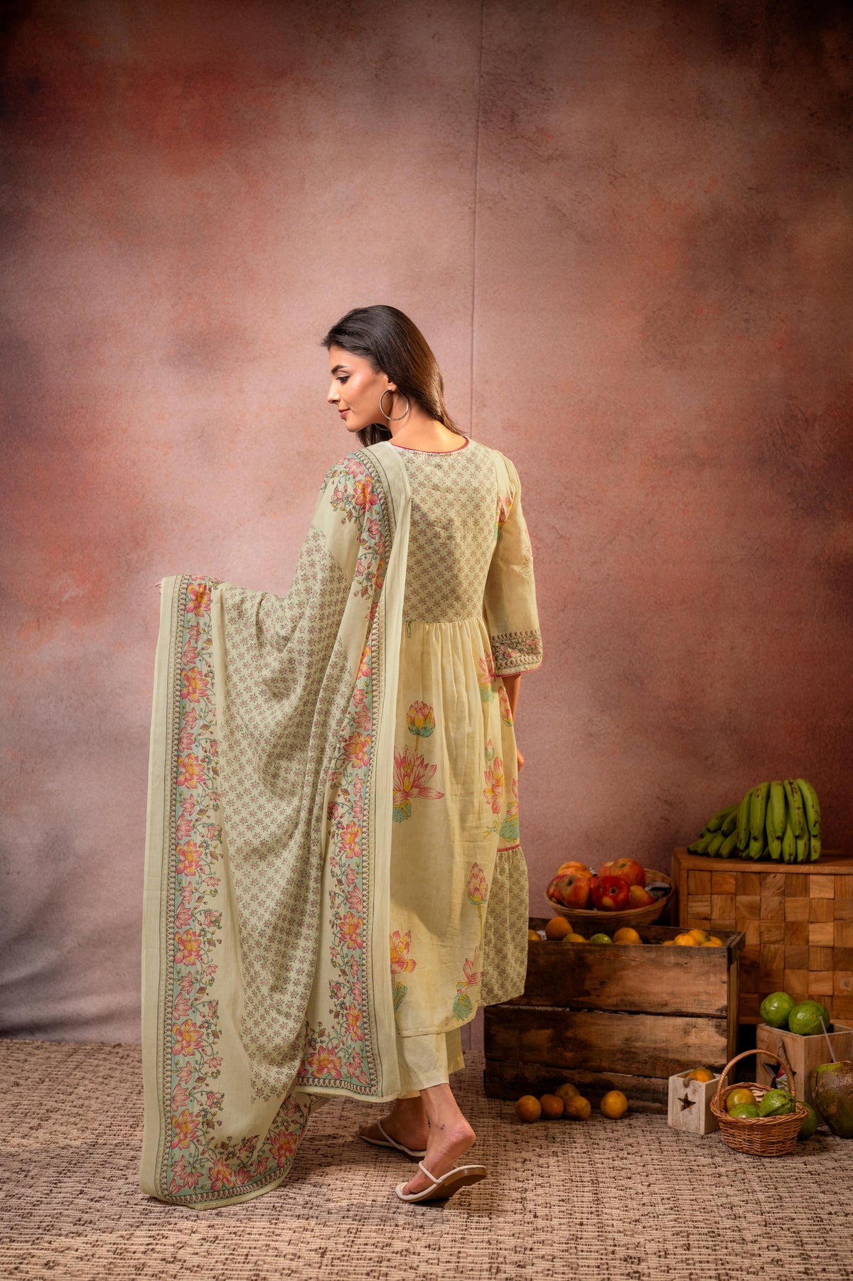 Pistachio Green Floral Printed Anarkali Kurta Set with Dupatta