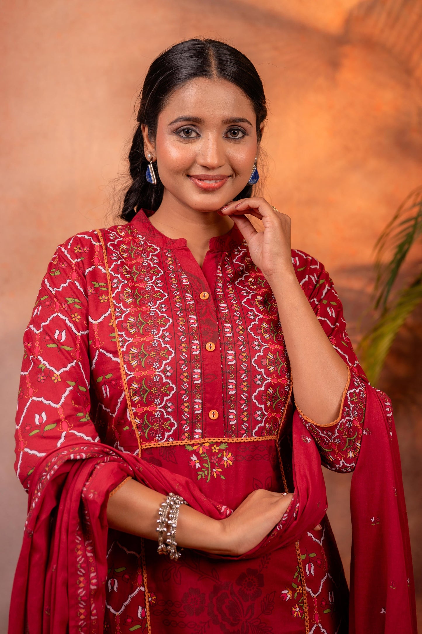 Maroon Ajrakh Printed Straight Kurta Set with Matching Dupatta