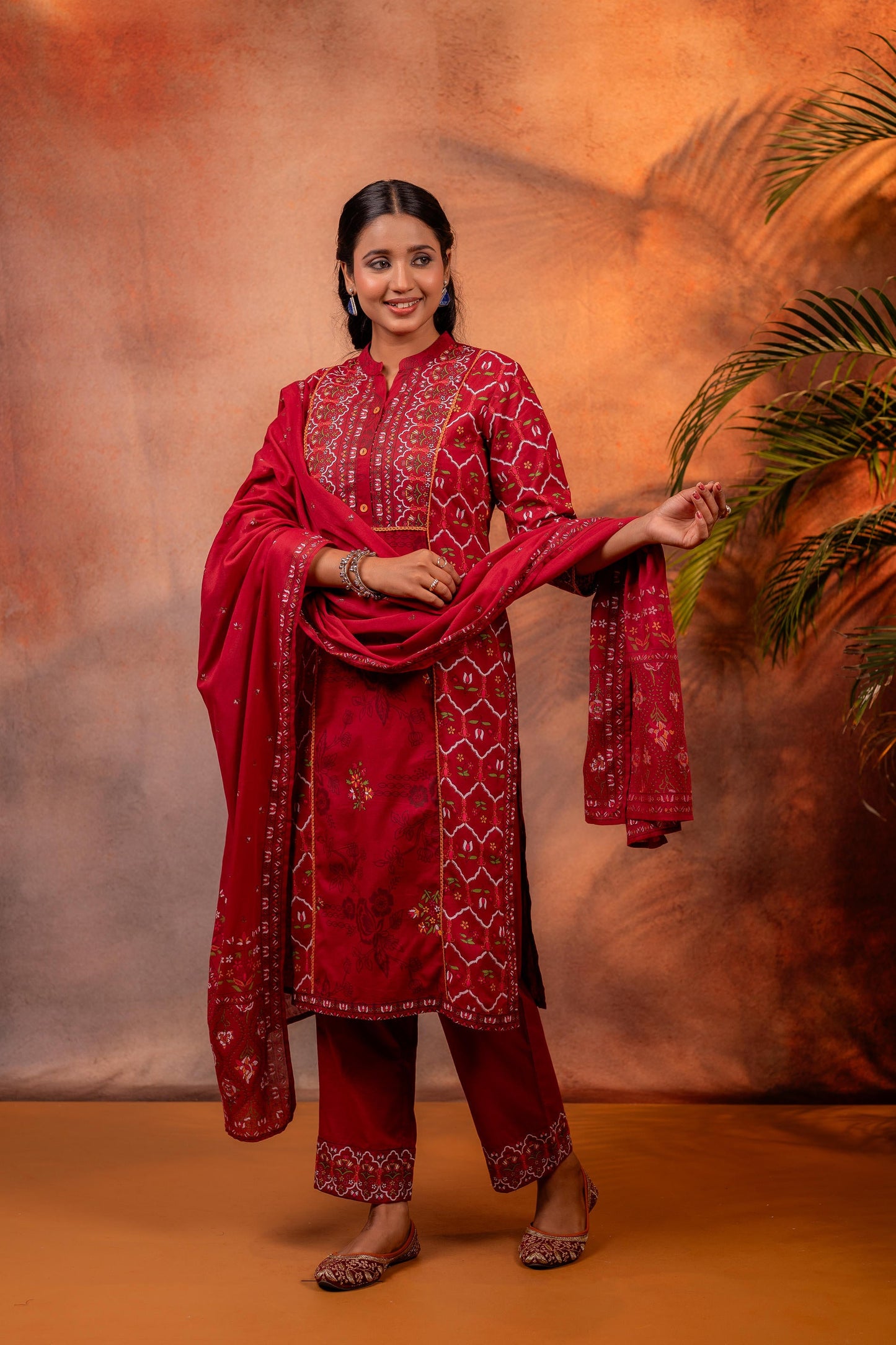 Maroon Ajrakh Printed Straight Kurta Set with Matching Dupatta
