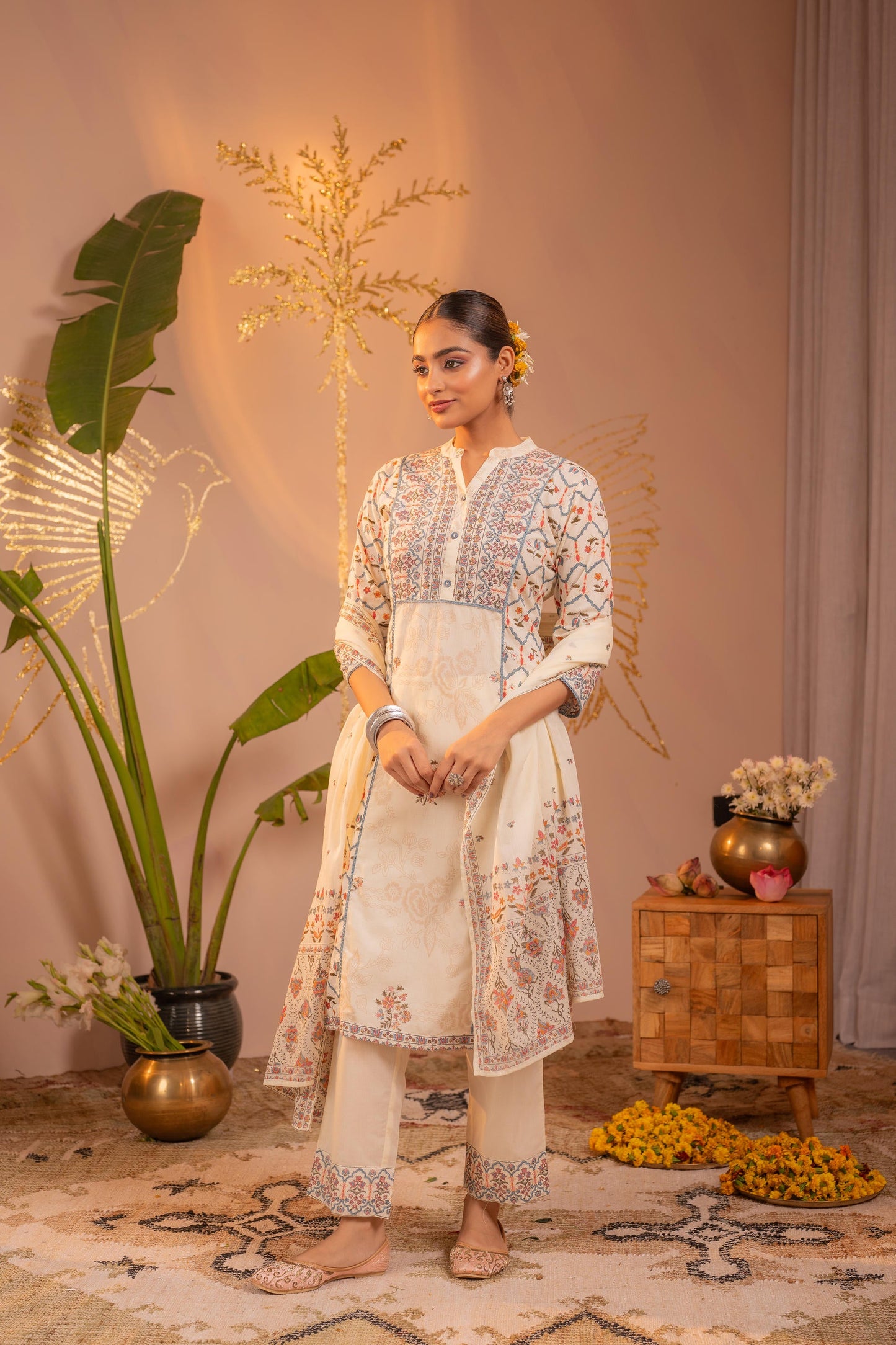Off-White Ajrakh Printed Straight Kurta Set with Matching Dupatta