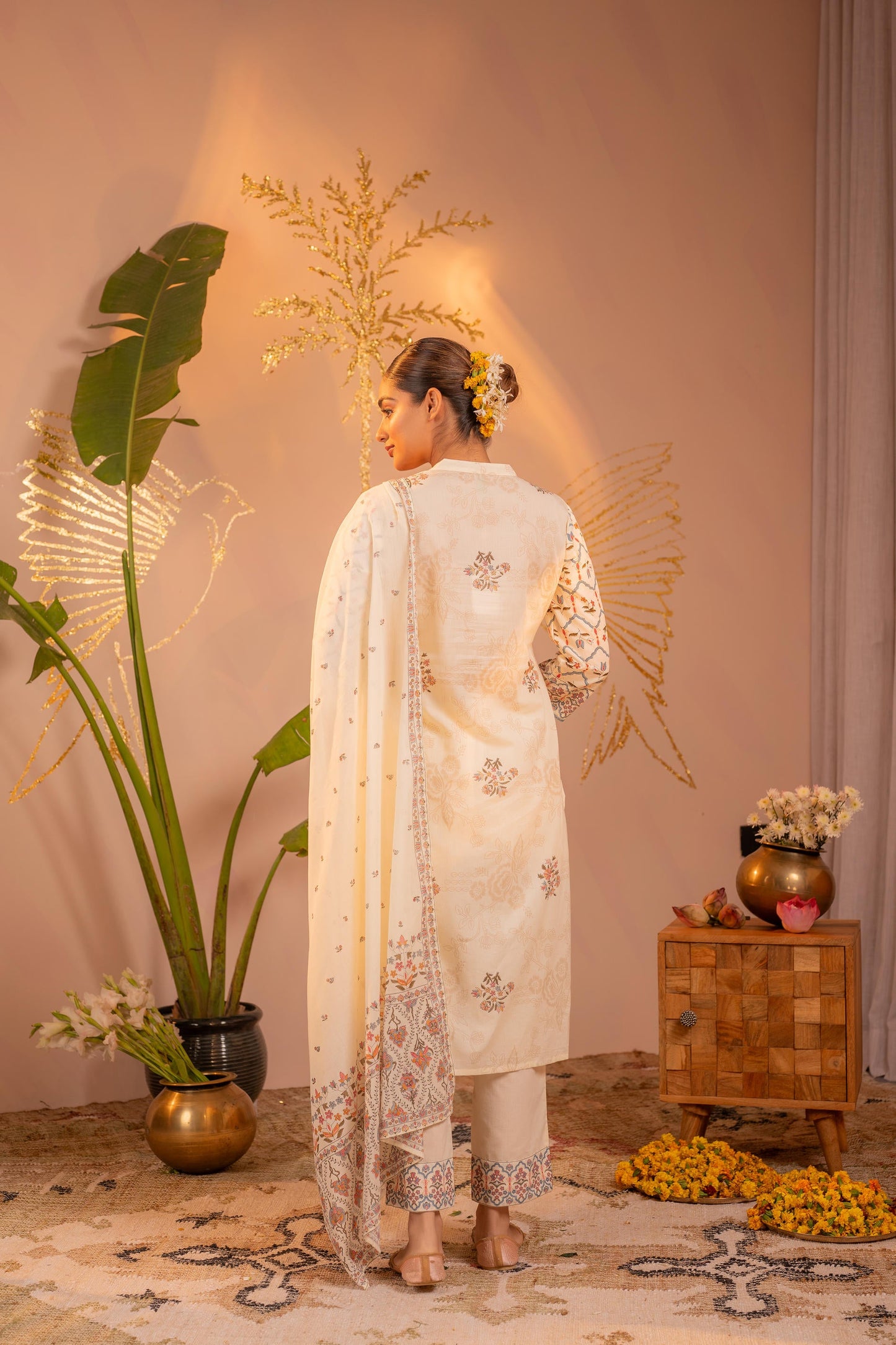 Off-White Ajrakh Printed Straight Kurta Set with Matching Dupatta