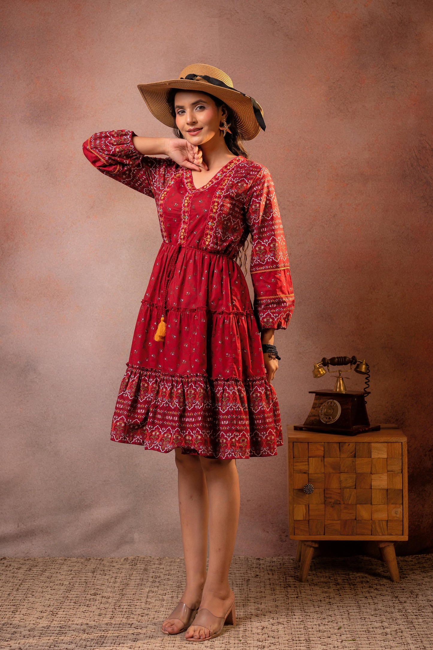 Crimson Caravan Tiered Folk Dress