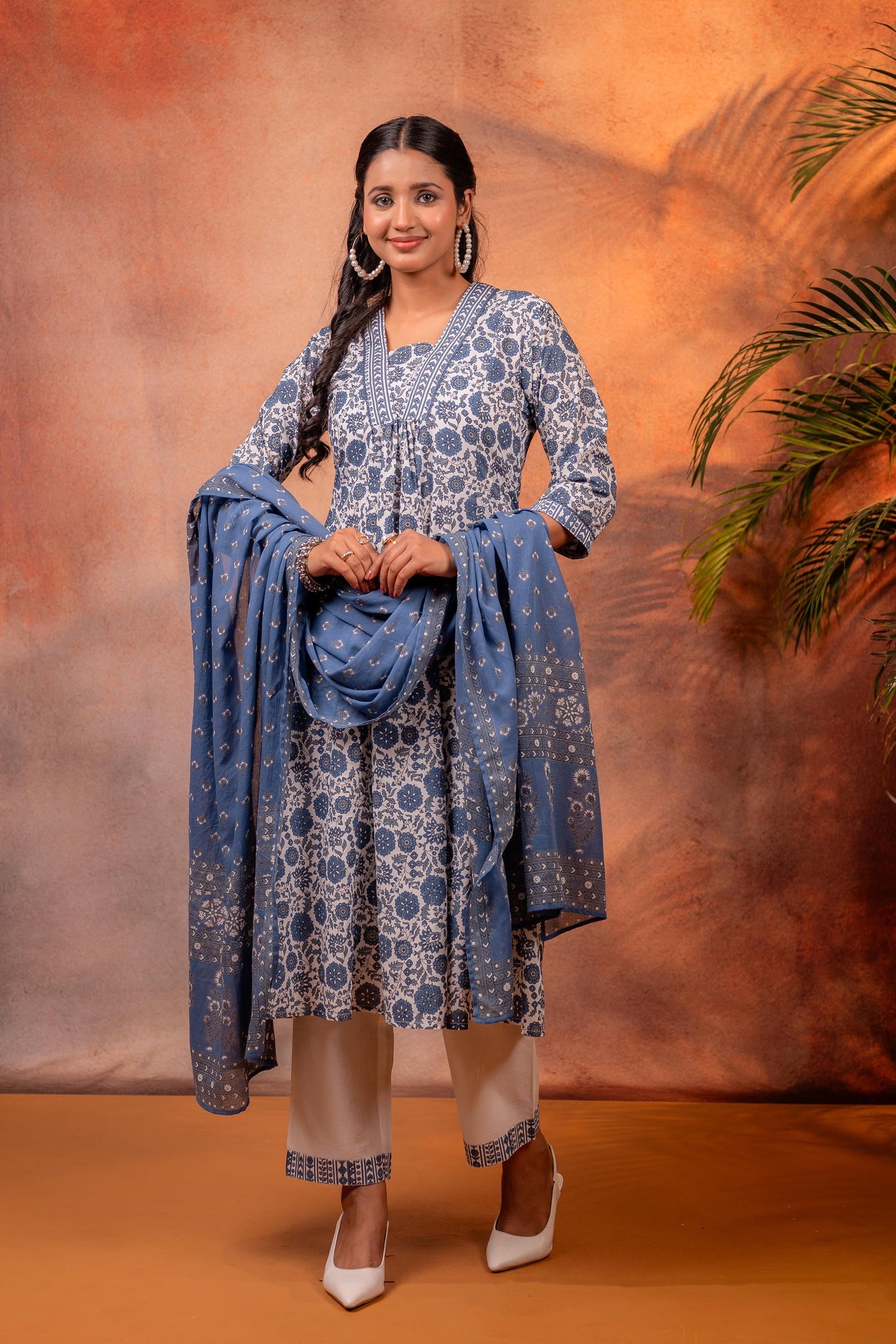 Indigo Floral Printed Cotton Kurta Pant Set
