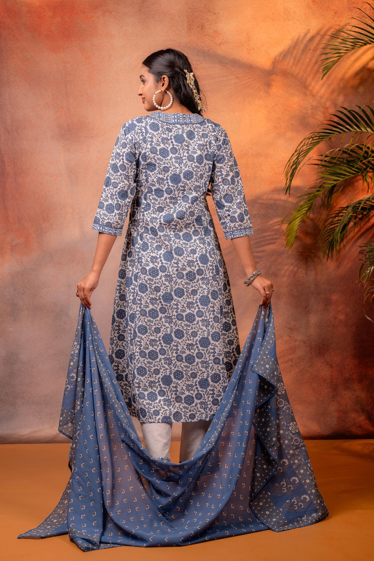 Indigo Floral Printed Cotton Kurta Pant Set