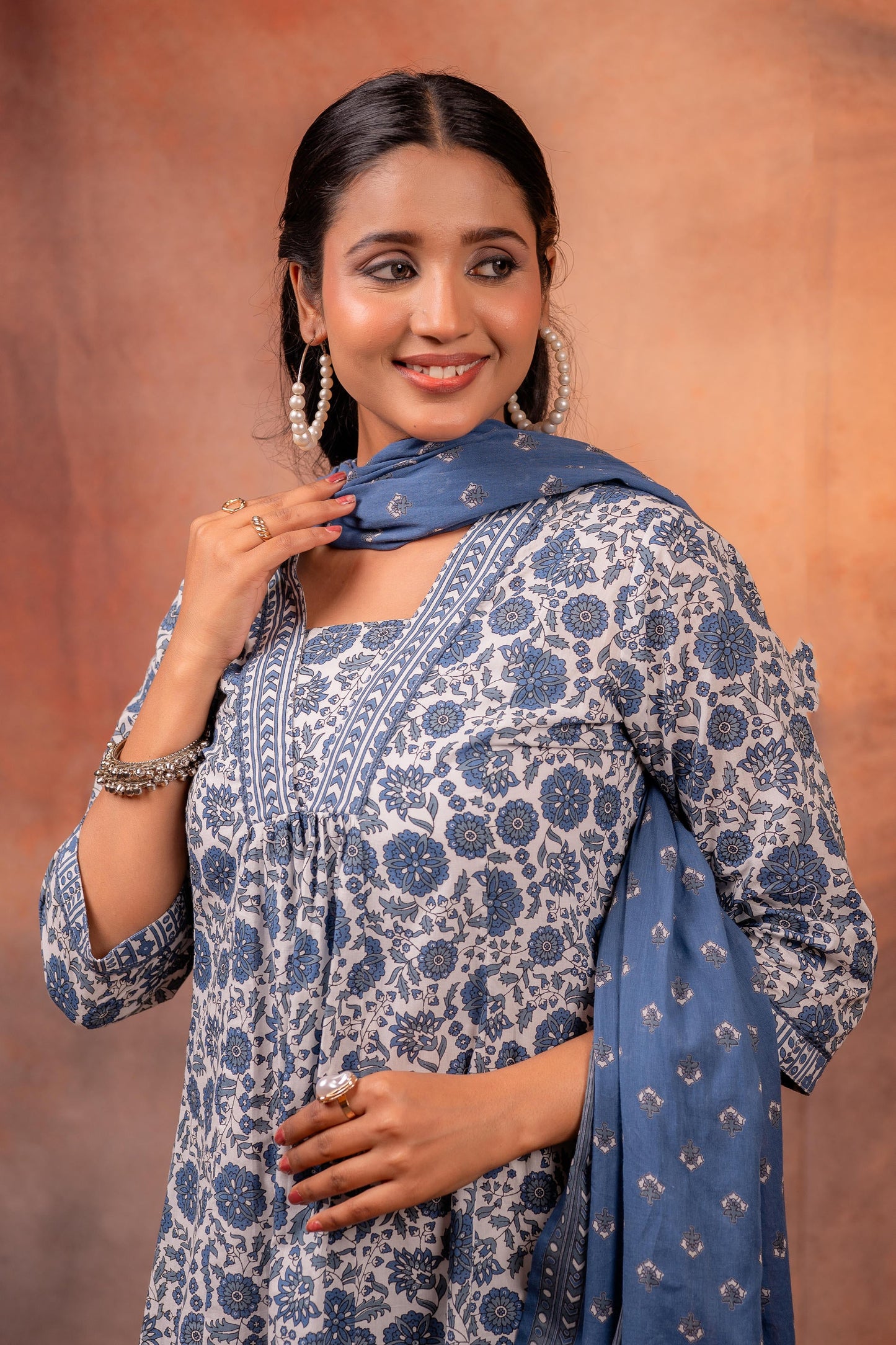 Indigo Floral Printed Cotton Kurta Pant Set