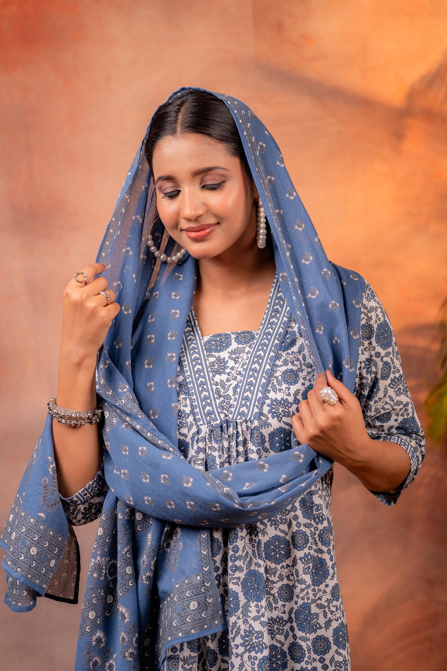 Indigo Floral Printed Cotton Kurta Pant Set