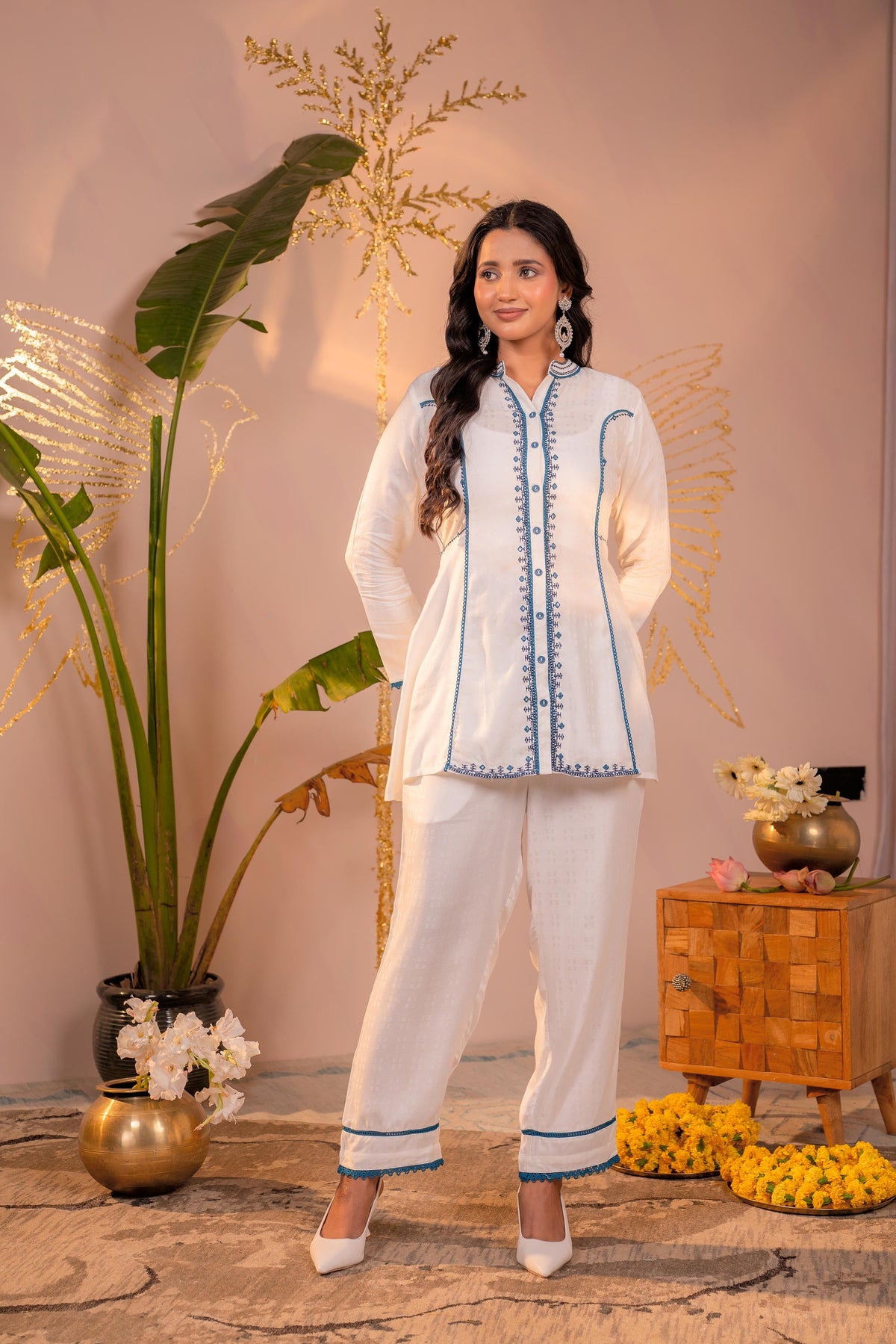 White Indigo Linework Kurta Set
