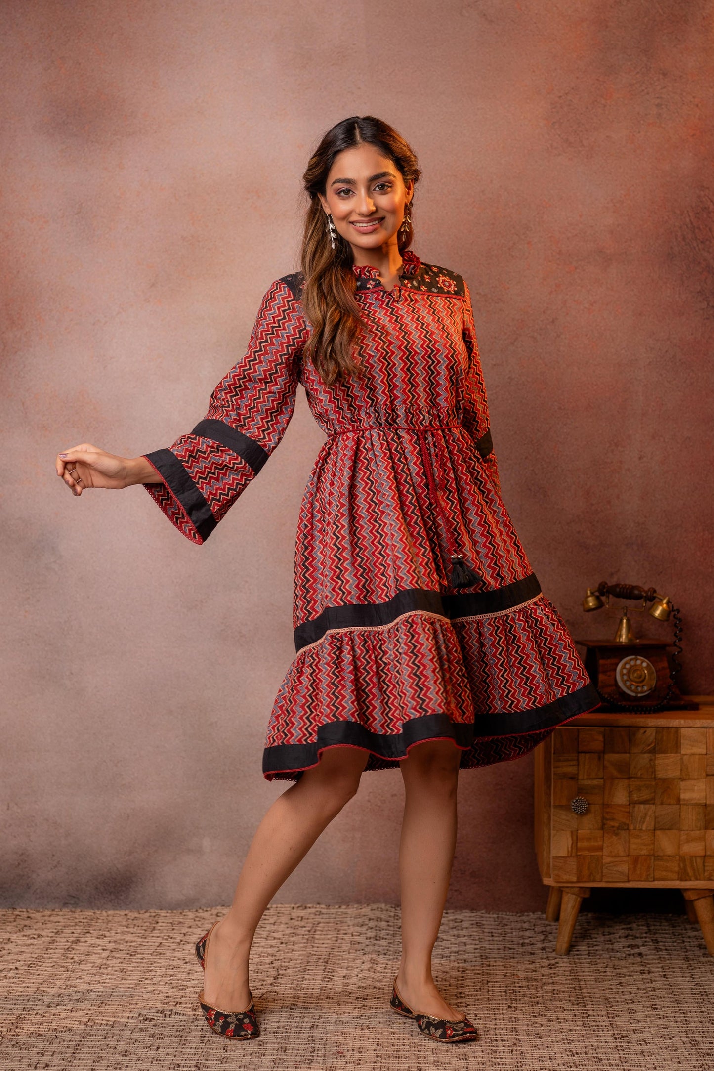 Maroon & Black Chevron Printed Flared Dress