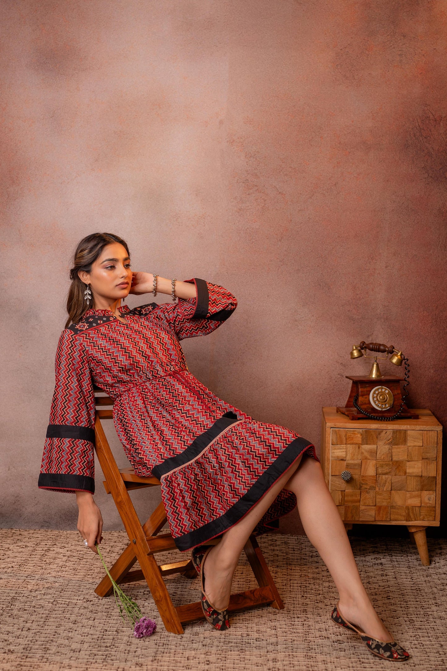 Maroon & Black Chevron Printed Flared Dress