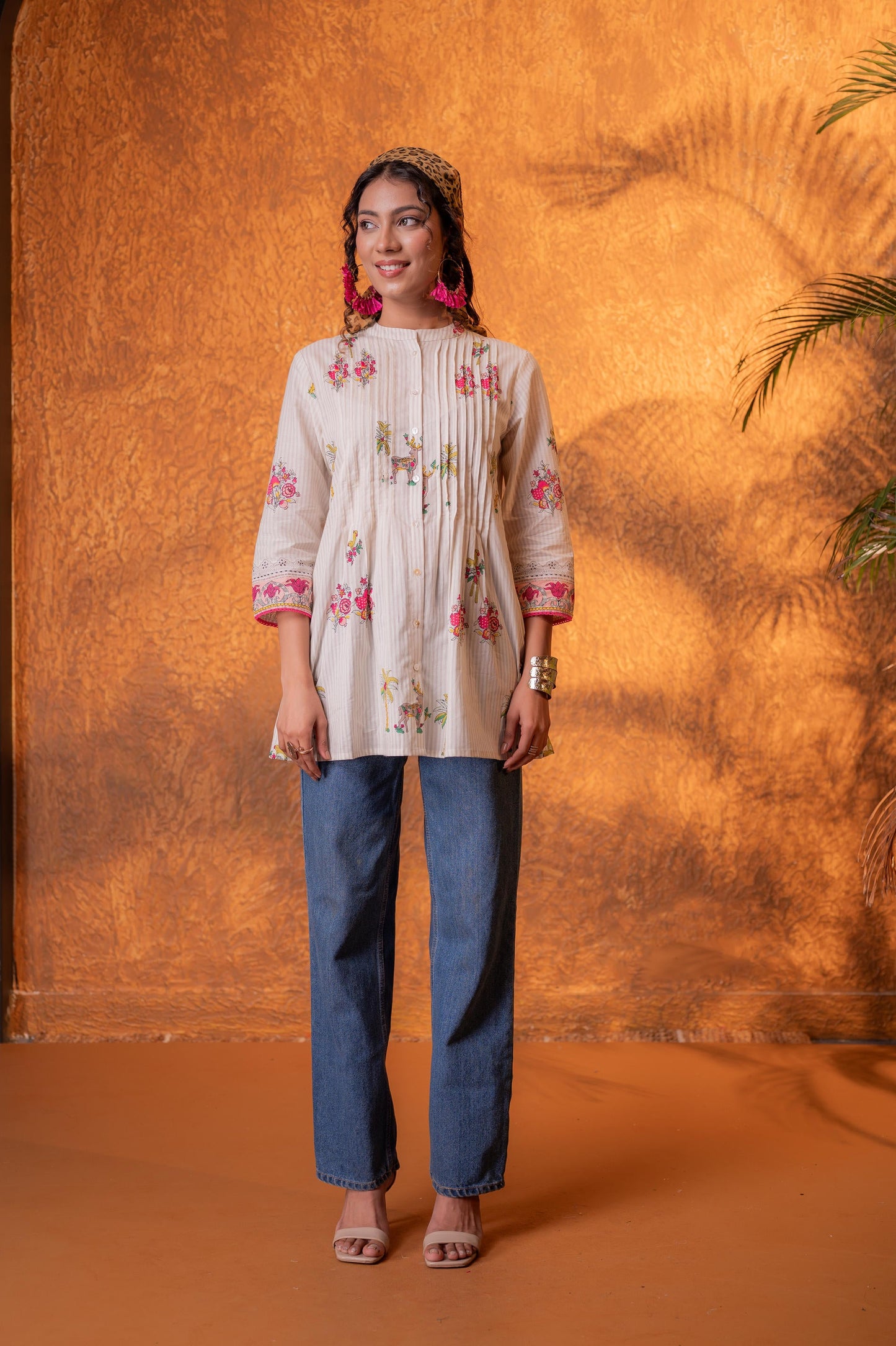 Beige Palm Pintuck Tunic