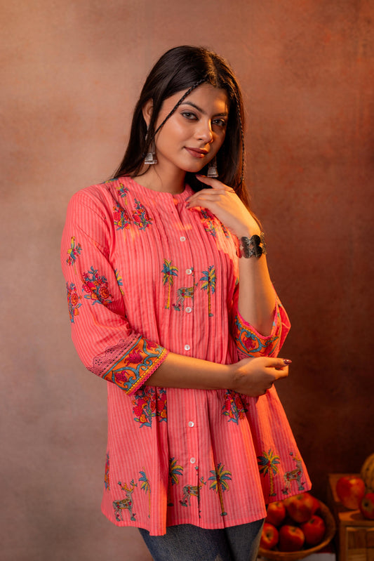 Coral Palm Pintuck Tunic