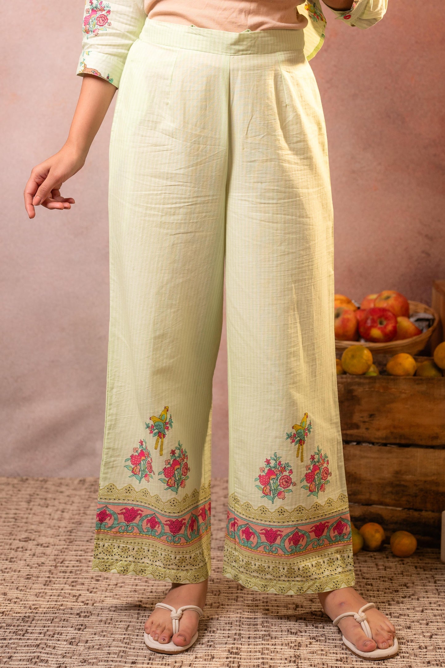 Light Green Palm Bloom Stripe Kurta Set
