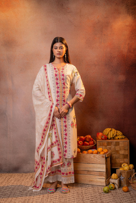 Beige Floral Straight Kurta Set with Dupatta