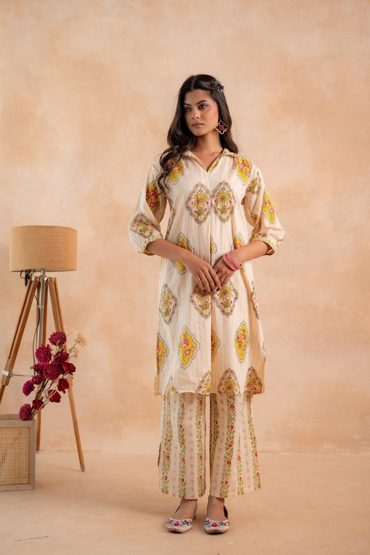 Beige Heritage Print Kurta And Pant Set